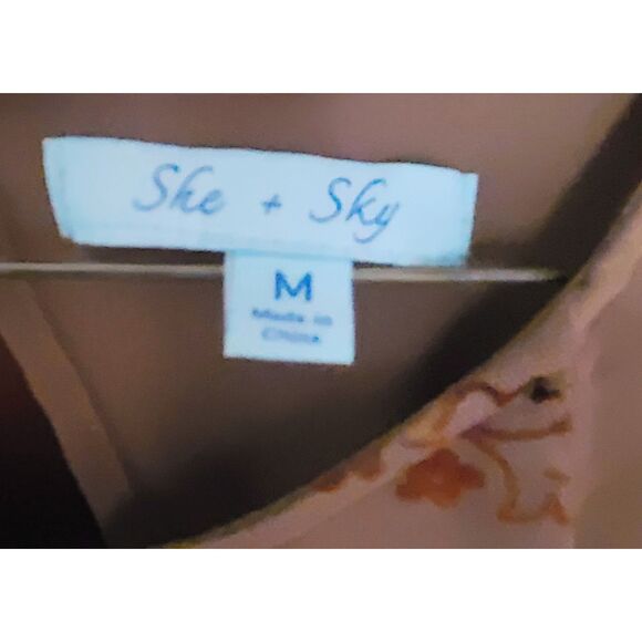 She + Sky Tan with Brown Floral Sheer Long Sleeve Short Lined Shift Dress Medium - Picture 8 of 9